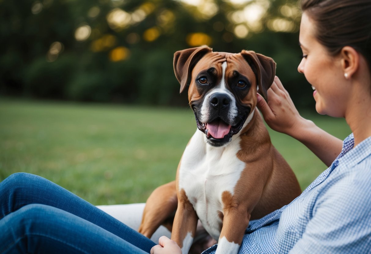 A boxer dog sitting on a person's lap, wagging its tail happily. The person is gently petting the dog's head
