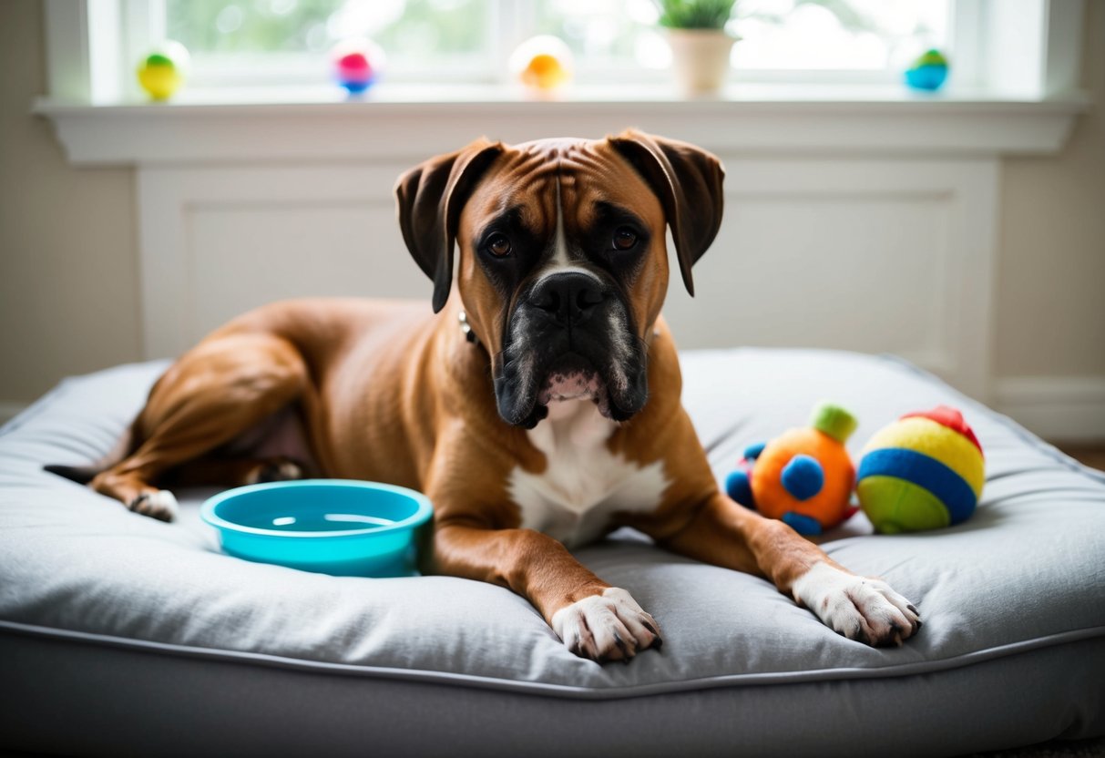 A mature boxer dog resting on a soft bed, surrounded by toys and a water bowl