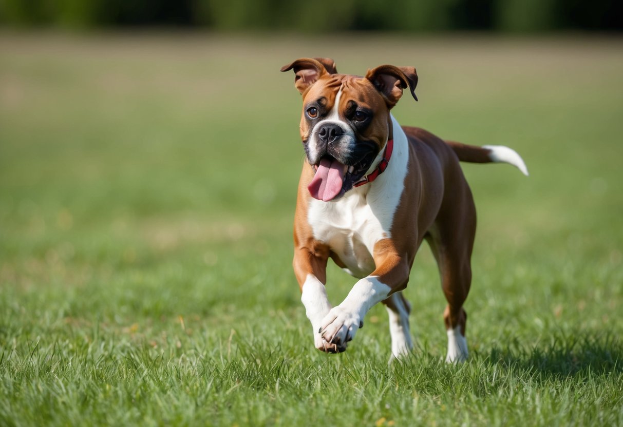 A boxer dog runs through a grassy field, tongue lolling, with a determined expression