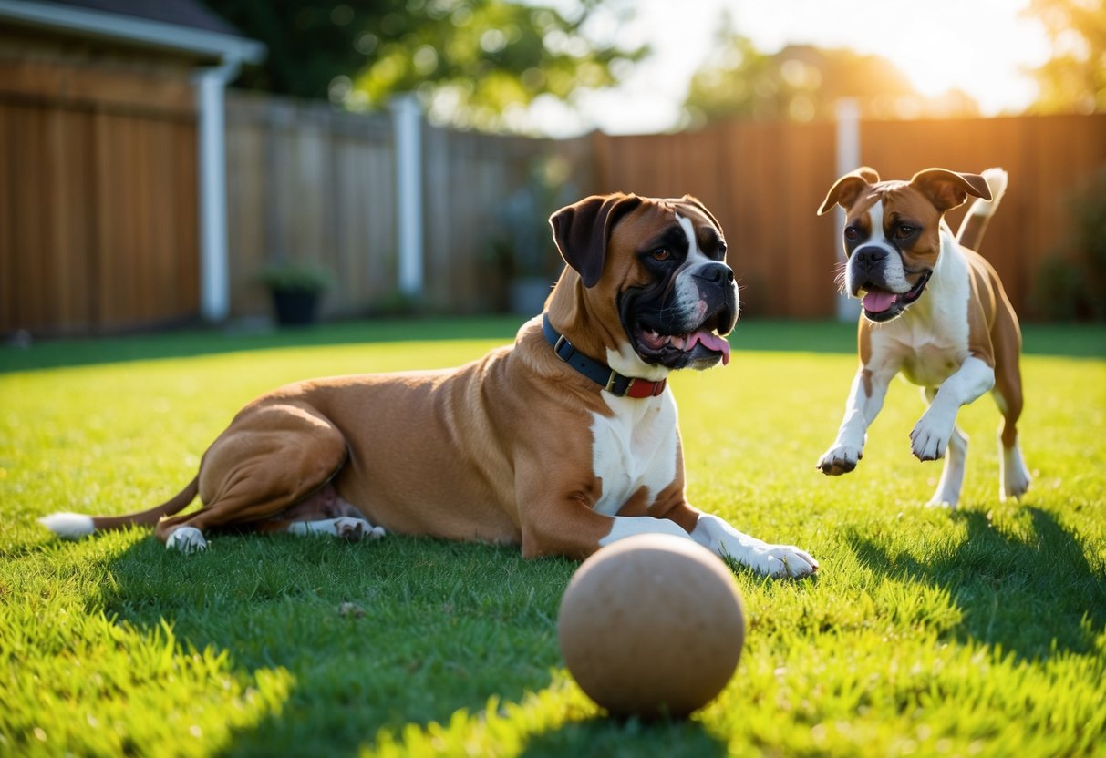 A mature boxer dog lounges in a sunlit backyard, panting lightly after a game of fetch. Nearby, a younger boxer eagerly chases a ball