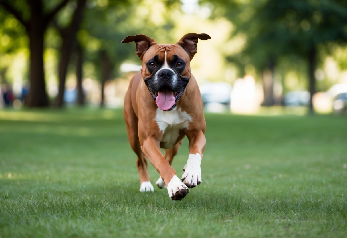 A boxer dog running through a park, tongue out, ears flapping, with a look of determination in its eyes