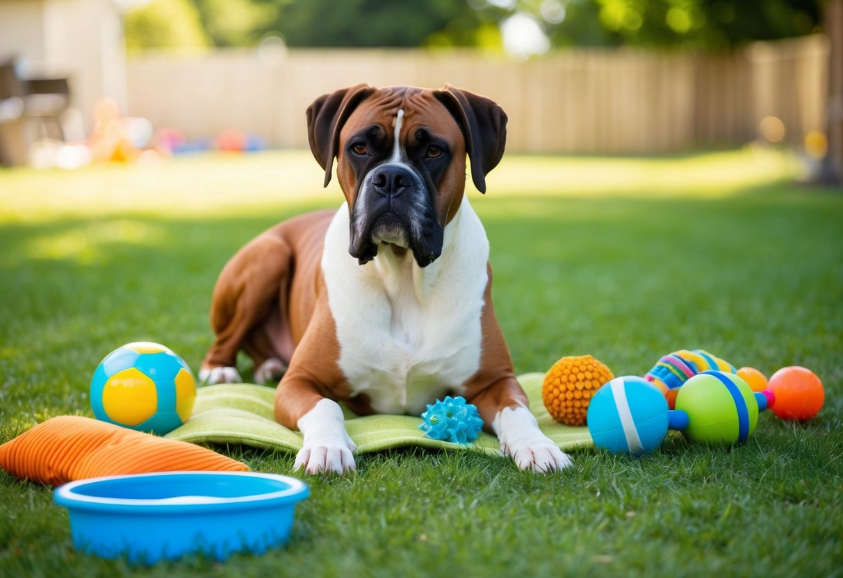 A mature boxer dog resting in a sunlit backyard, surrounded by toys and a water bowl