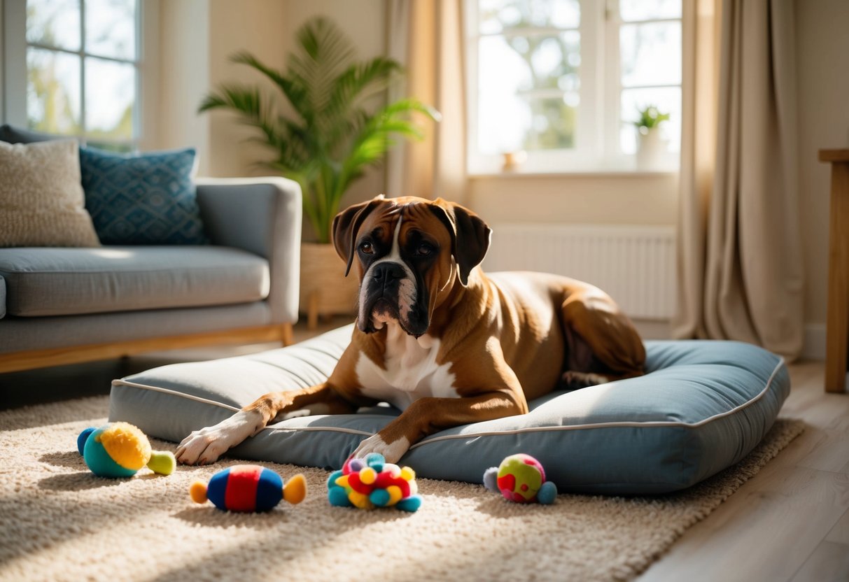 A mature boxer dog relaxes in a cozy living room, surrounded by calming toys and a comfortable bed. The sunlight streams in through the window, casting a warm glow on the peaceful scene