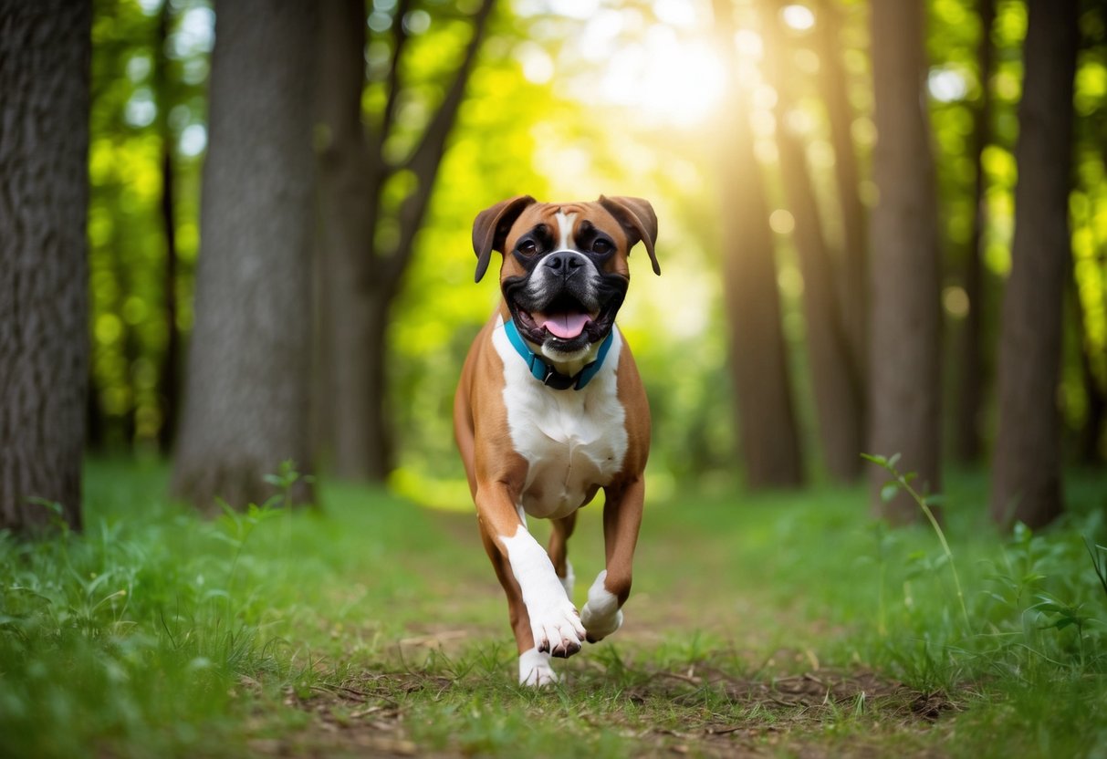 A boxer dog runs happily through a forest, surrounded by trees and sunlight filtering through the leaves
