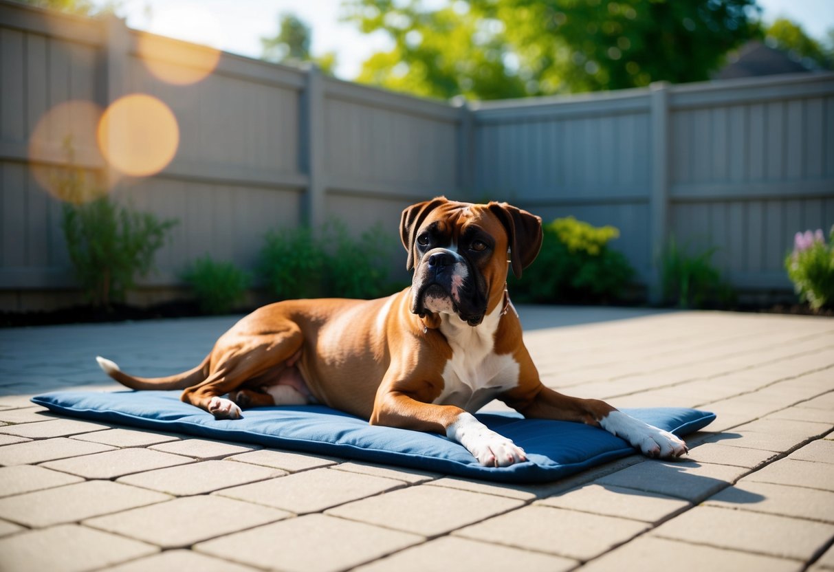 A boxer dog lounges in a spacious, fenced backyard, basking in the sun with a content expression
