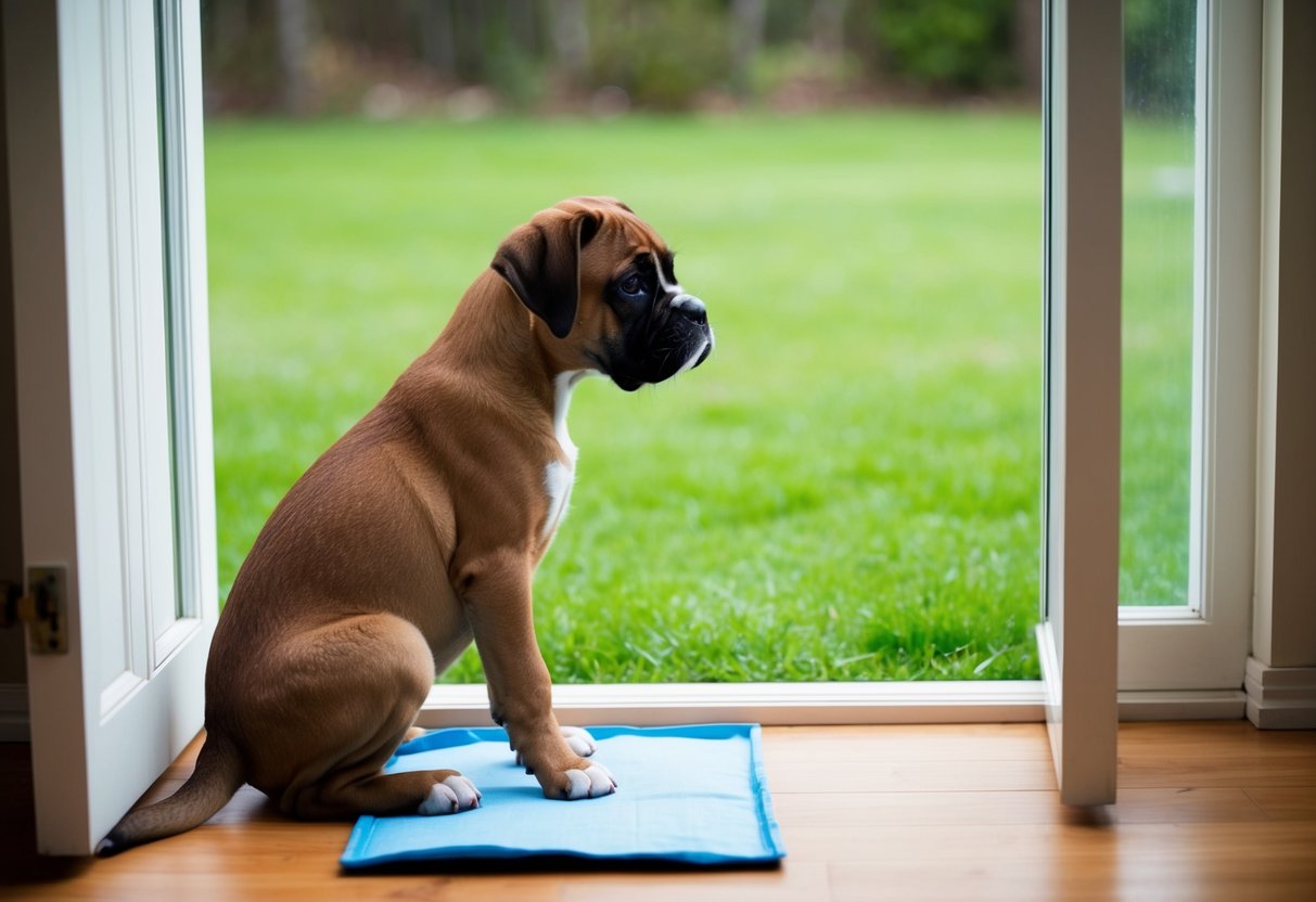 A boxer puppy sits by the open door, looking out at the grassy yard. A potty training pad is placed nearby