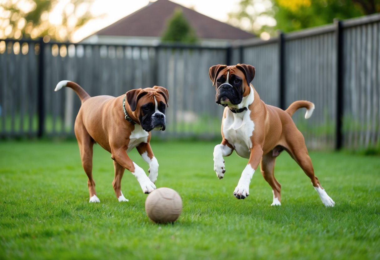Two boxers playing in a fenced backyard, one standing on hind legs, the other chasing a ball