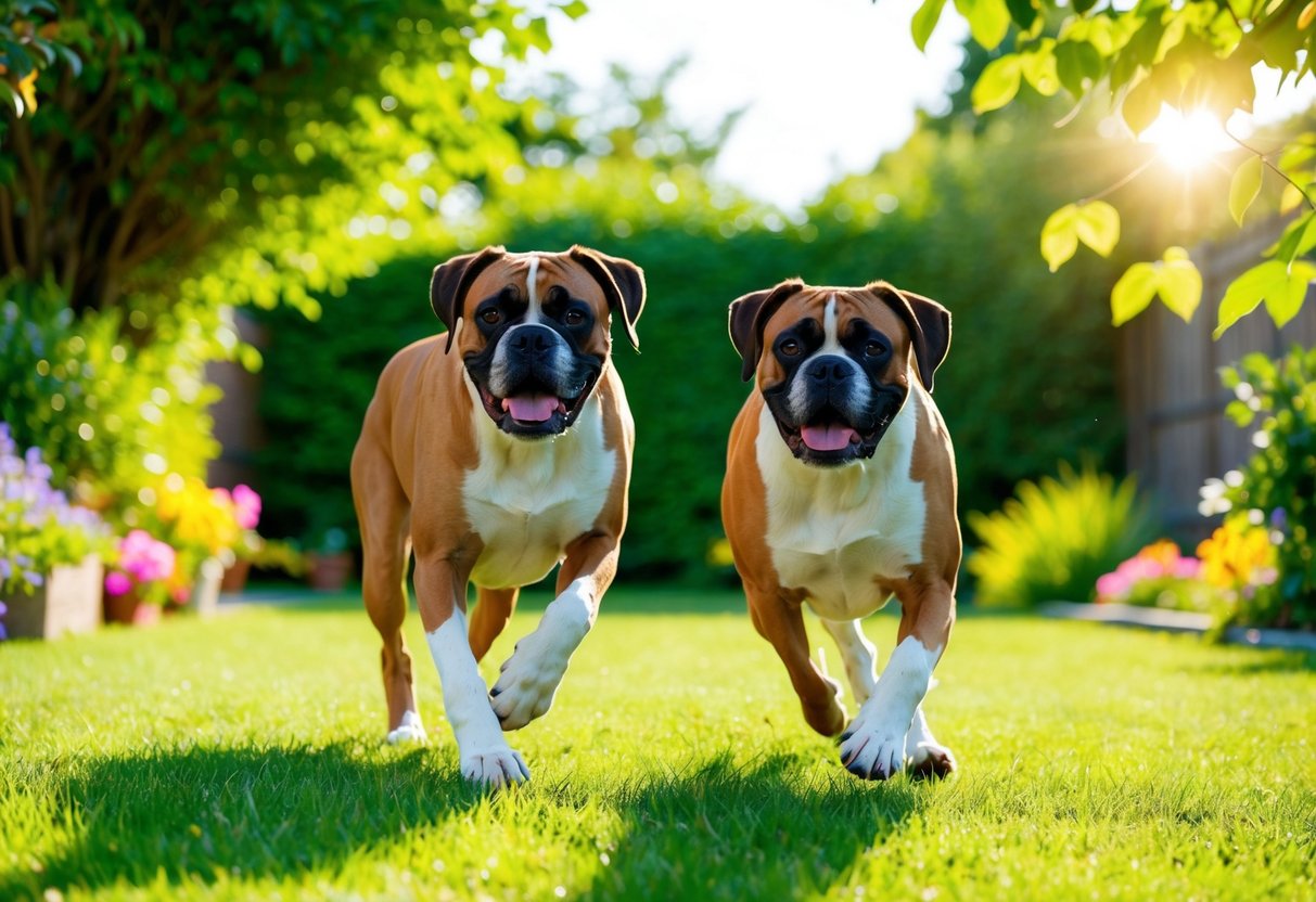 Two boxers playfully romp in a spacious backyard, surrounded by lush greenery and colorful flowers. The sun is shining, and a gentle breeze rustles the leaves, creating a stimulating environment for the energetic dogs