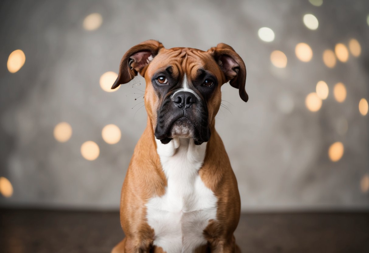 A boxer dog sits with a droopy expression, scratching at its ears and shaking its head. Its fur appears patchy and inflamed in areas