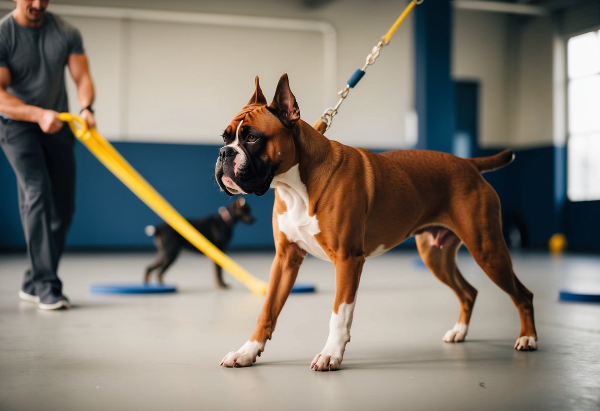 A boxer dog effortlessly follows commands, demonstrating effective training techniques in a spacious, well-lit training area