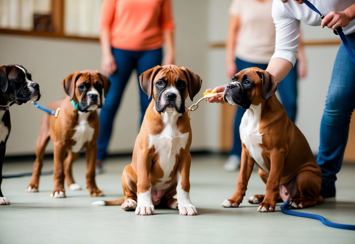 A boxer puppy sits obediently on a leash, surrounded by other dogs in a training class. A trainer holds a treat, rewarding the puppy for good behavior