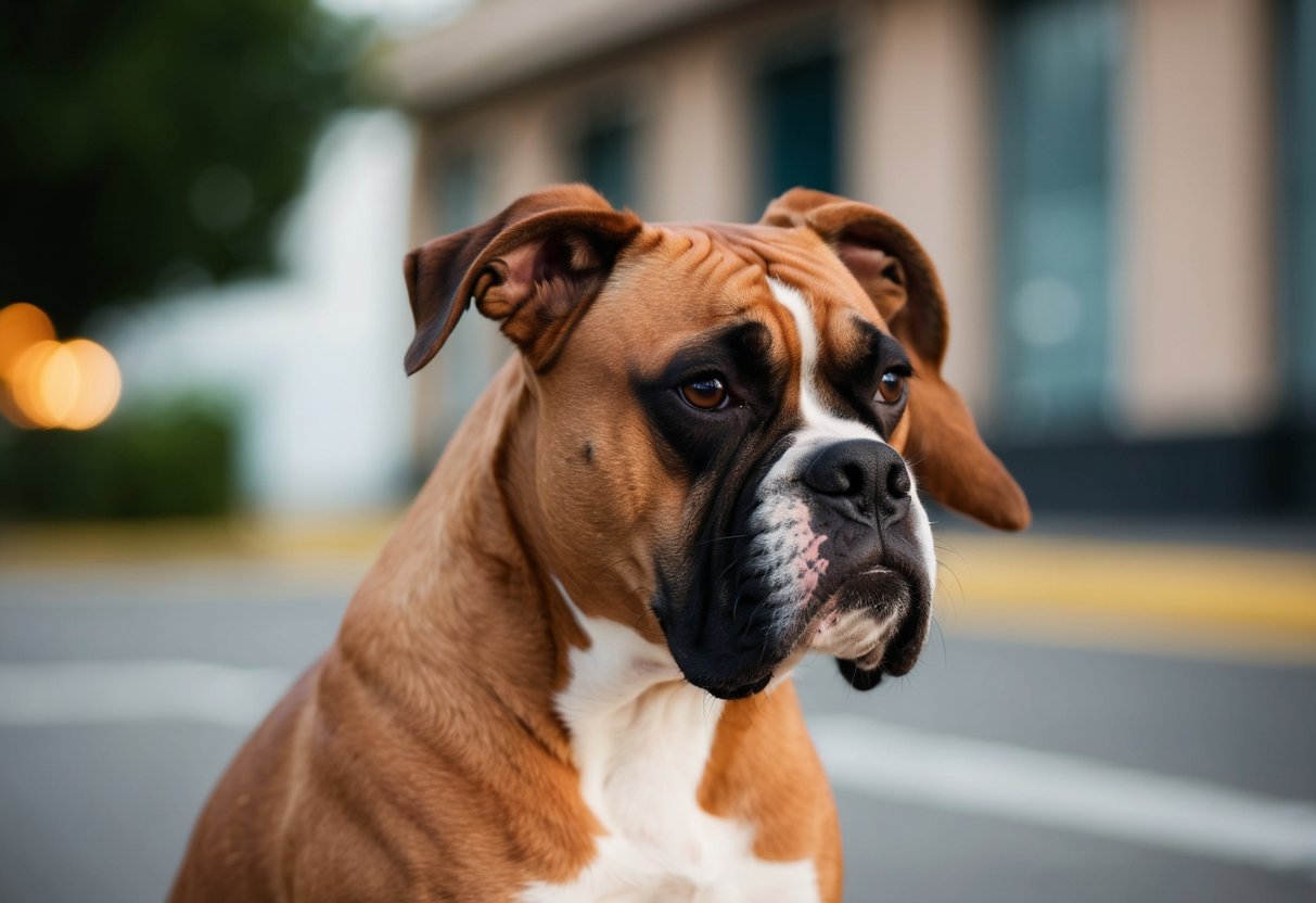 A boxer dog with a concerned expression, scratching its ears and shaking its head
