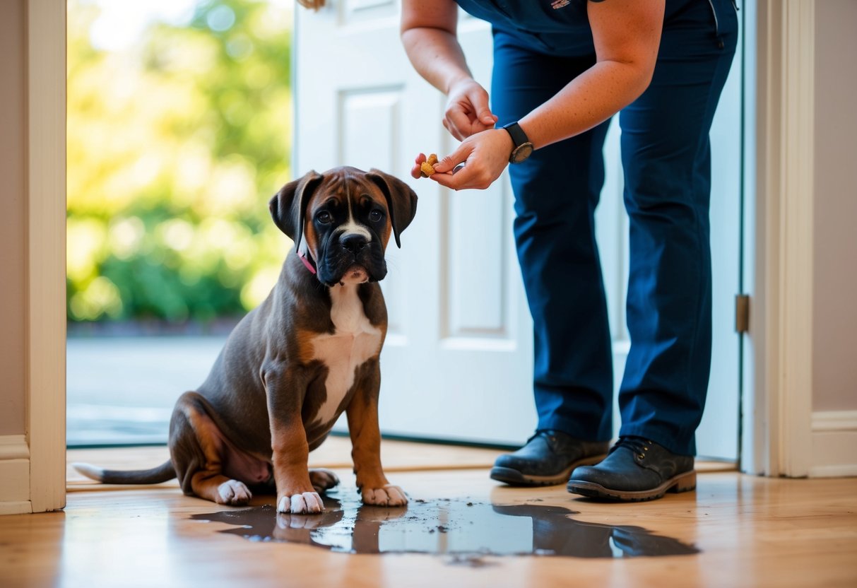 A boxer puppy sits by the open door, a puddle on the floor nearby. A trainer holds a treat, guiding the puppy to a designated potty area