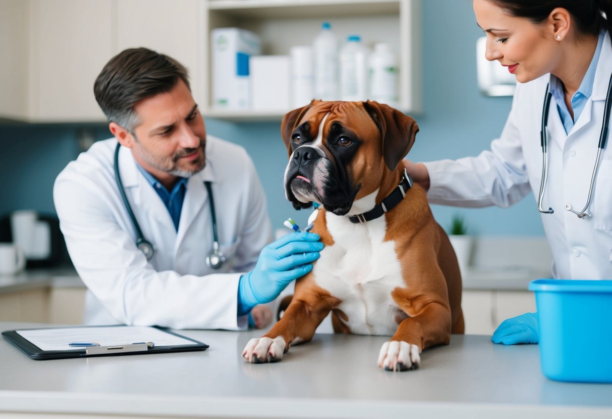 A boxer dog receiving a check-up at the vet's office, with a veterinarian discussing preventative measures and health management with the owner