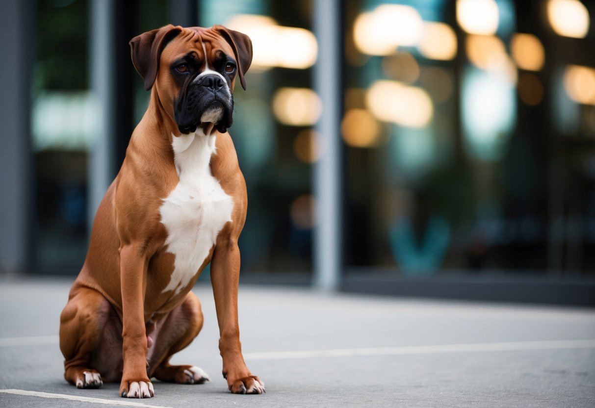 A boxer dog obediently sits and waits for a command, with a focused expression and alert posture