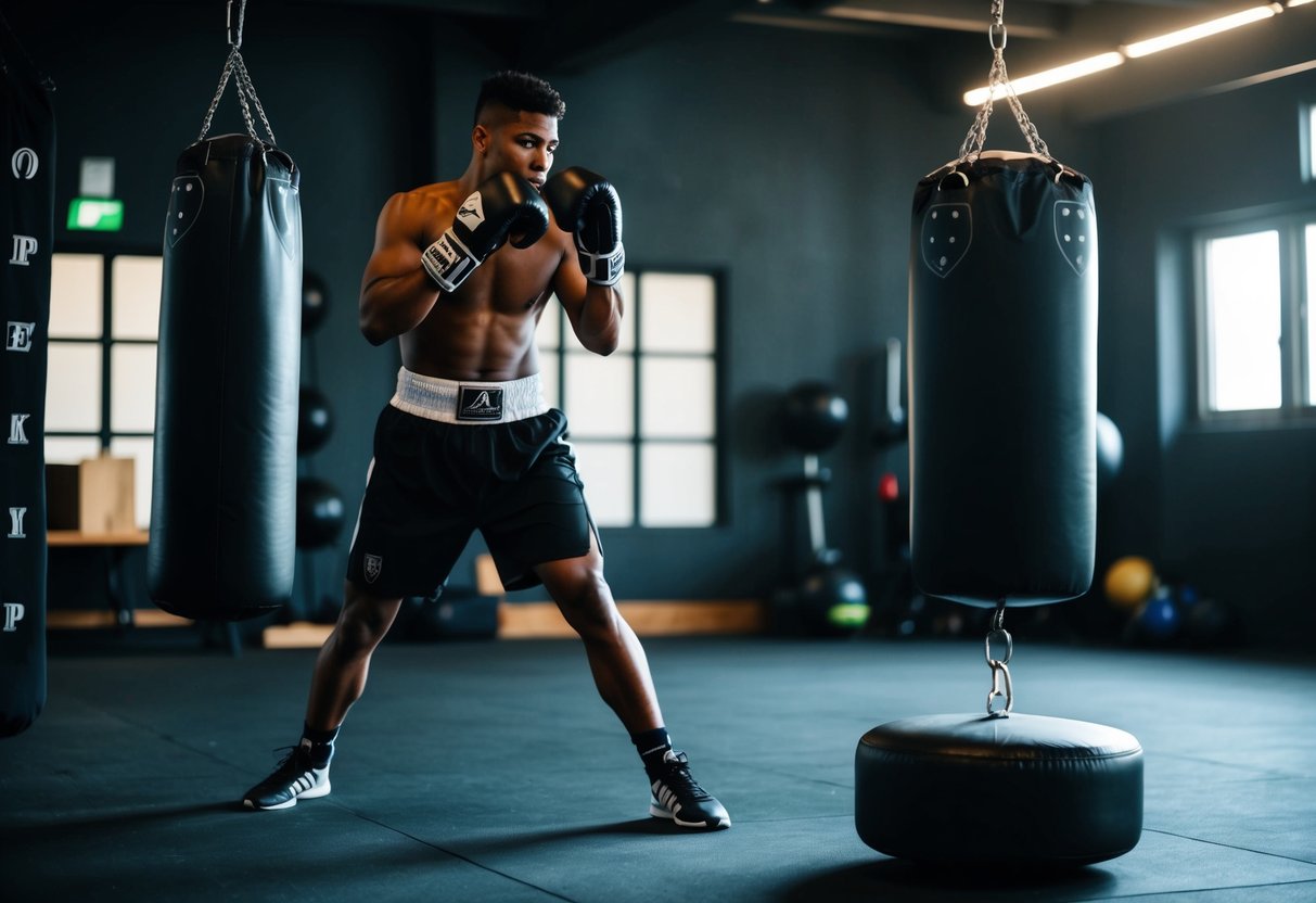A boxer diligently practicing footwork, shadowboxing, and hitting a speed bag in a dimly lit gym