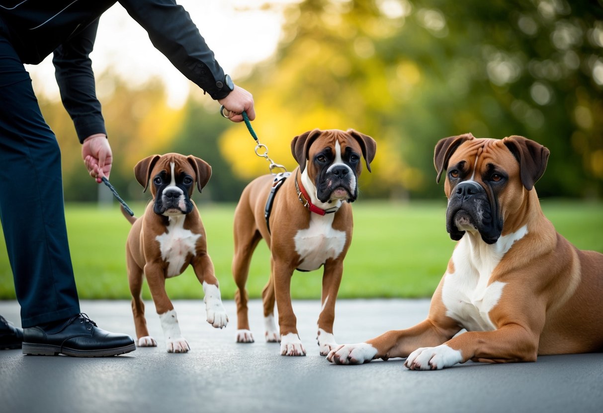 A boxer puppy eagerly follows a trainer's commands, while an adult boxer confidently demonstrates obedience, and an older boxer relaxes in a peaceful setting