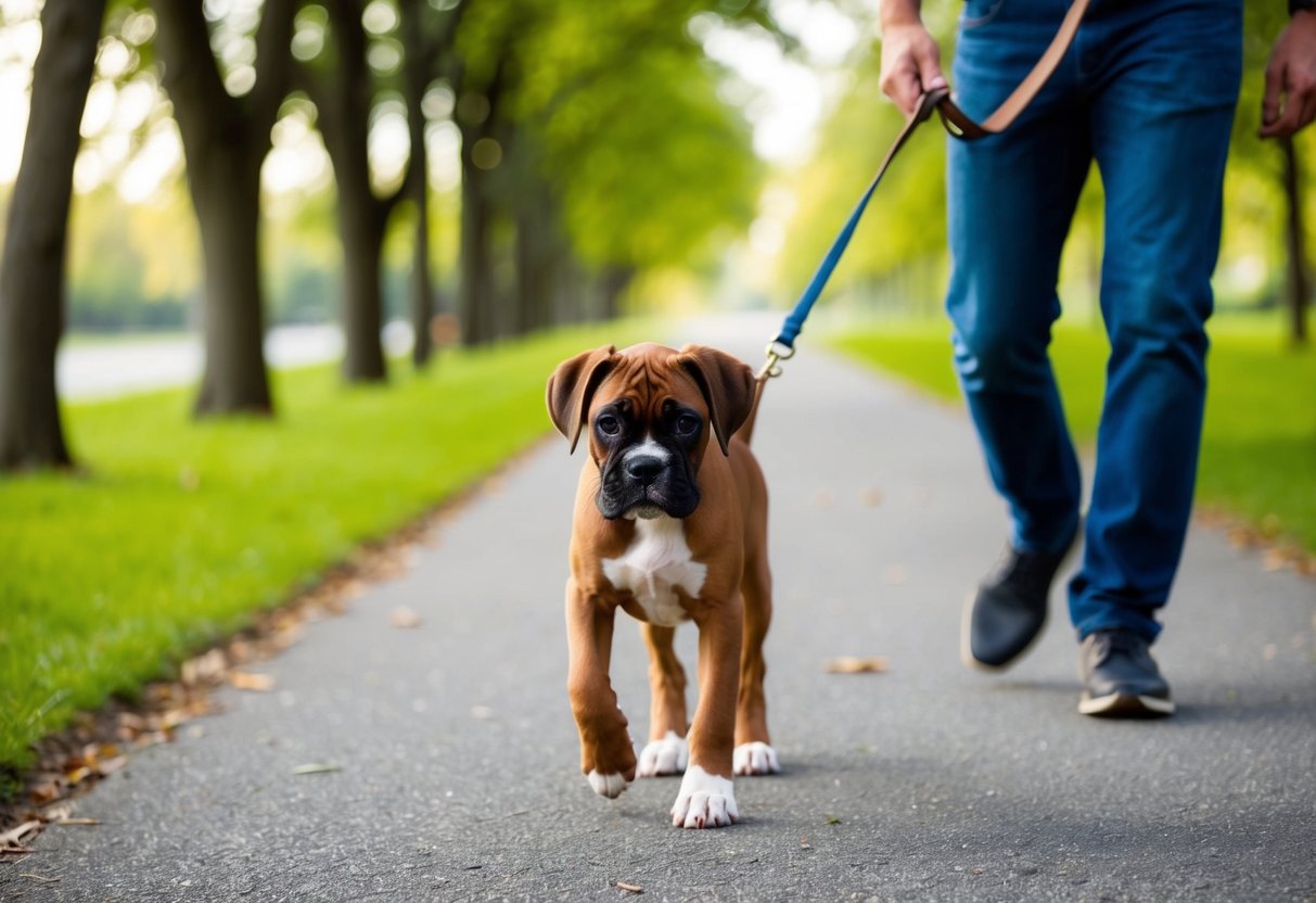 A boxer puppy walks confidently on a leash, tail wagging and ears perked, as its owner gently guides it along a peaceful, tree-lined path