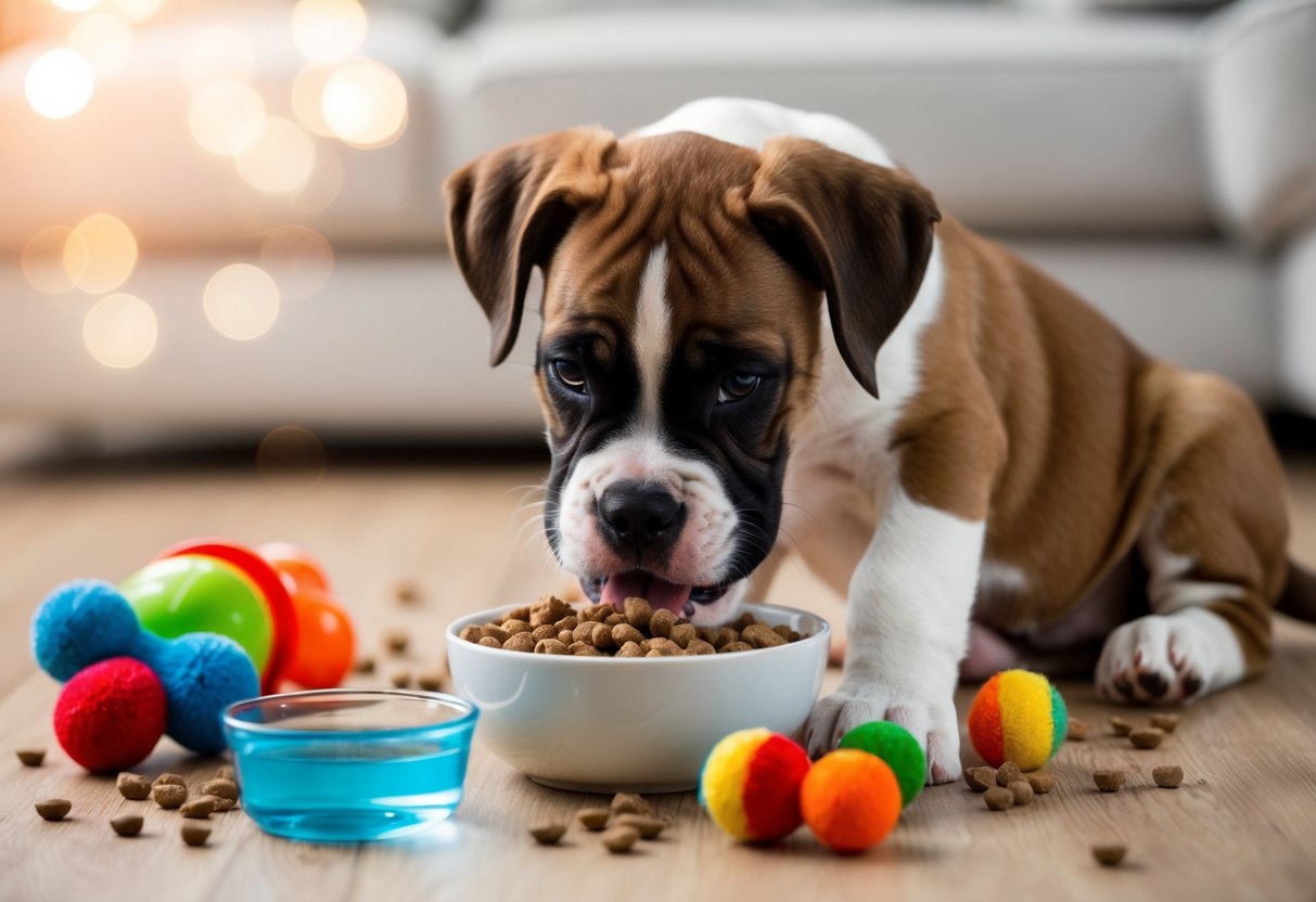 A boxer puppy eagerly gulps down a bowl of puppy food, surrounded by toys and a water dish