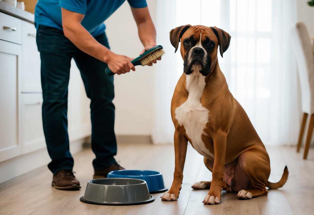 A boxer dog sits obediently as its owner brushes its coat and fills its food and water bowls