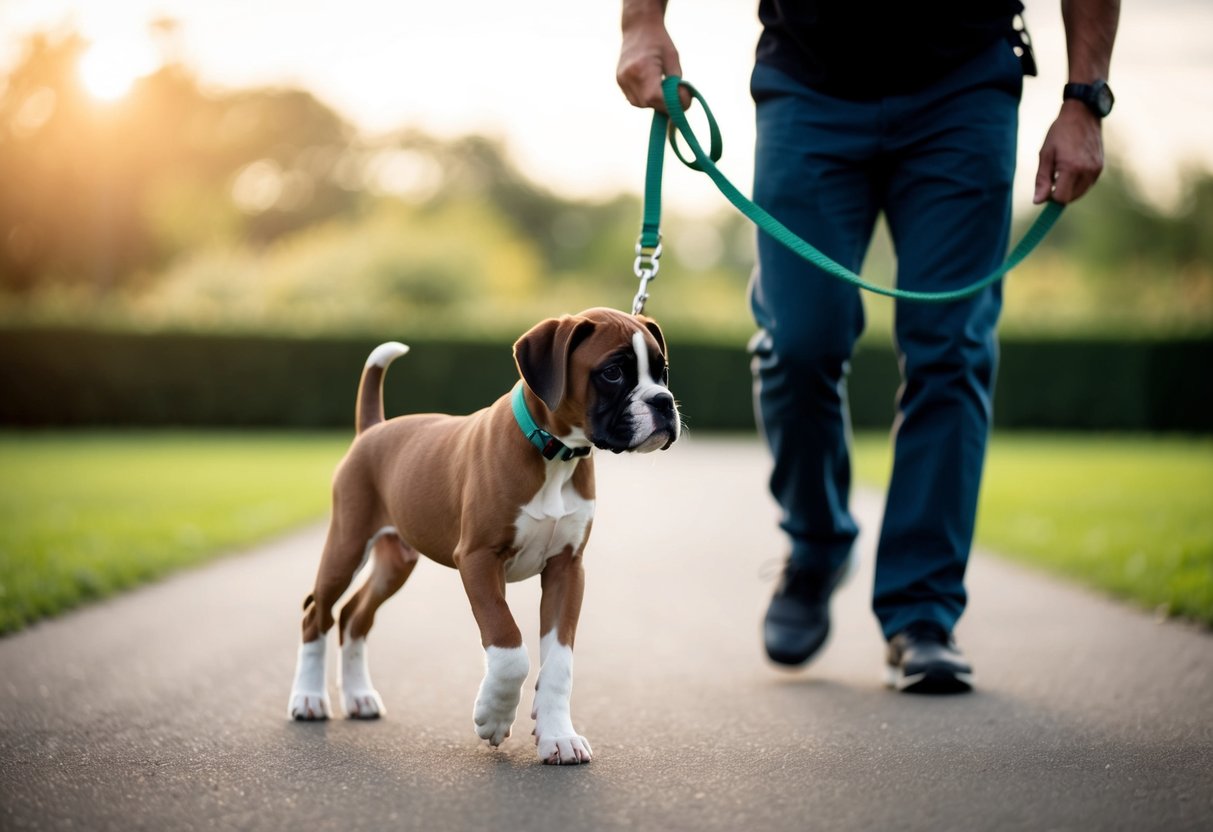 A boxer puppy walking calmly on a leash with a trainer using positive reinforcement techniques