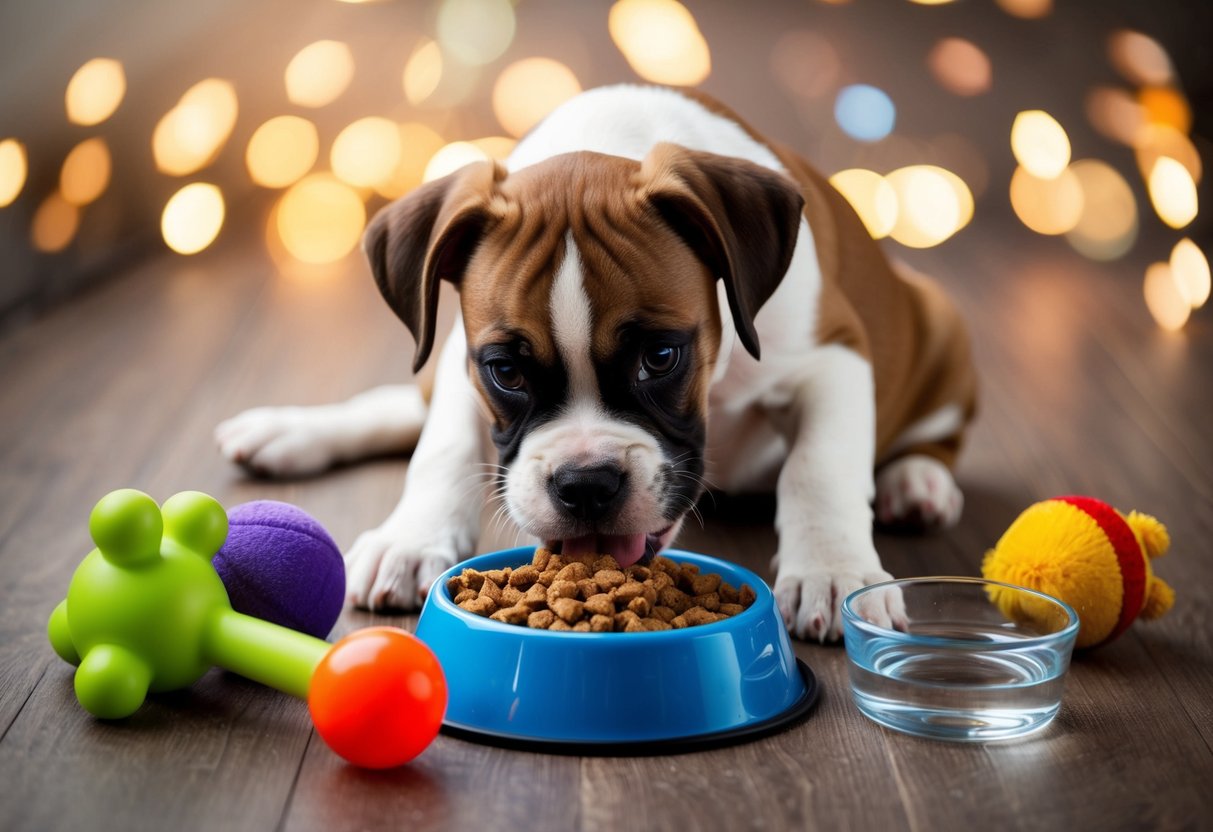 A boxer puppy eagerly eating from a bowl of puppy food, surrounded by toys and a water dish