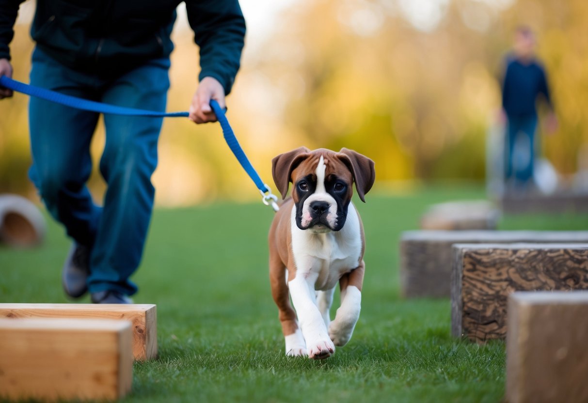 A boxer puppy walks confidently on a leash, ears perked and tail wagging, as the trainer guides it through various obstacles and terrain
