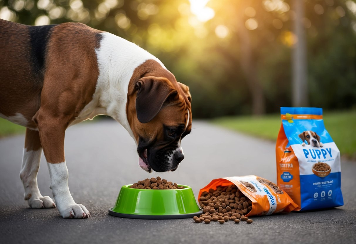 A boxer dog eagerly sniffs at a bowl of adult dog food while a bag of puppy food sits untouched nearby