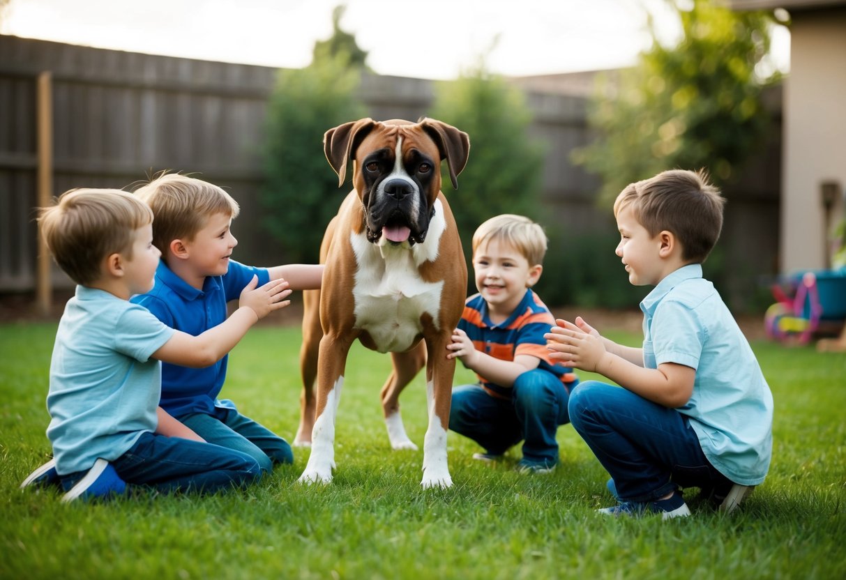 A Boxer dog playing with children in a backyard, showing affection and protectiveness towards the family
