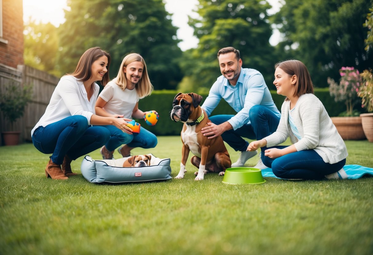 A smiling family playing with a boxer in a spacious backyard, with a dog bed, toys, and a water bowl nearby
