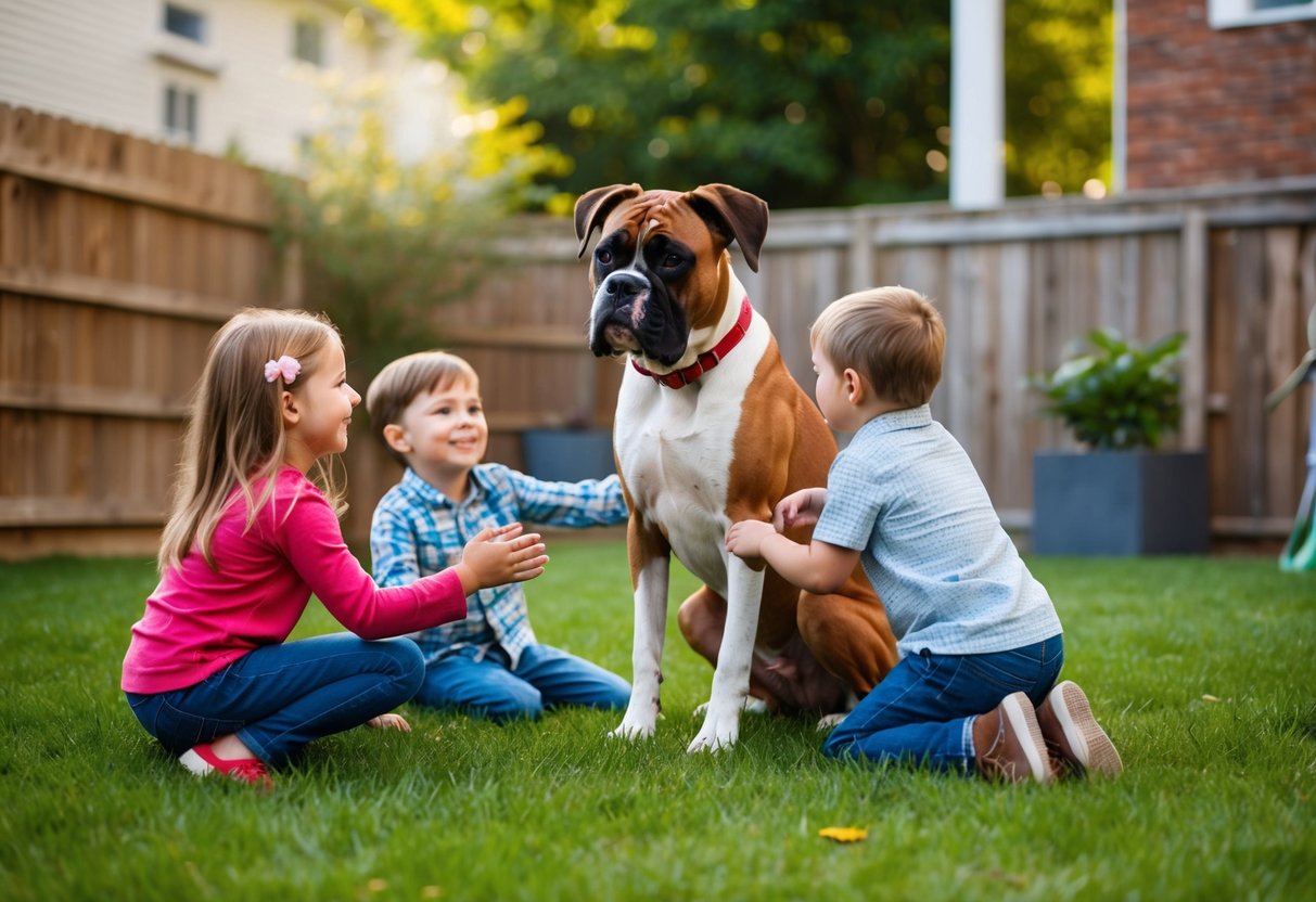 A Boxer dog playing with children in a backyard, displaying loyalty and affection