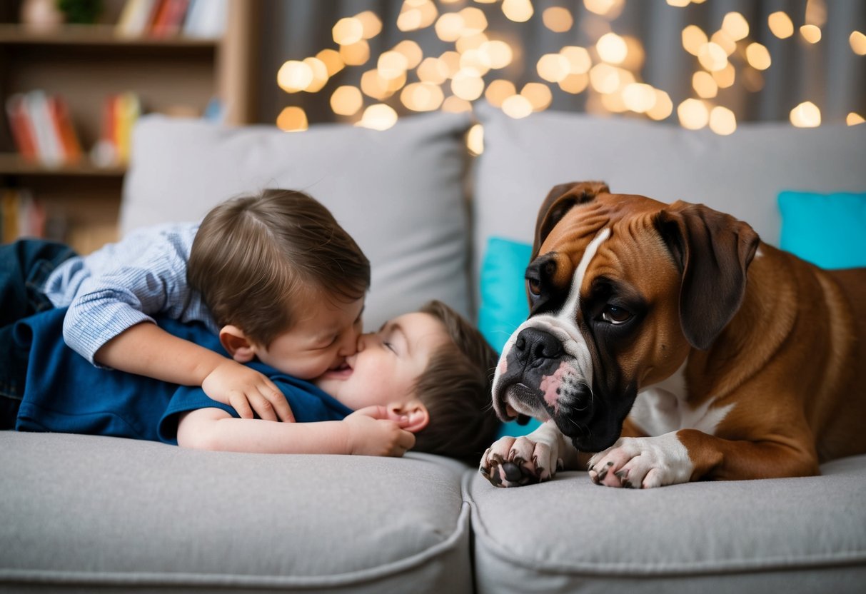 A boxer dog laying next to a child, comforting them as they cry
