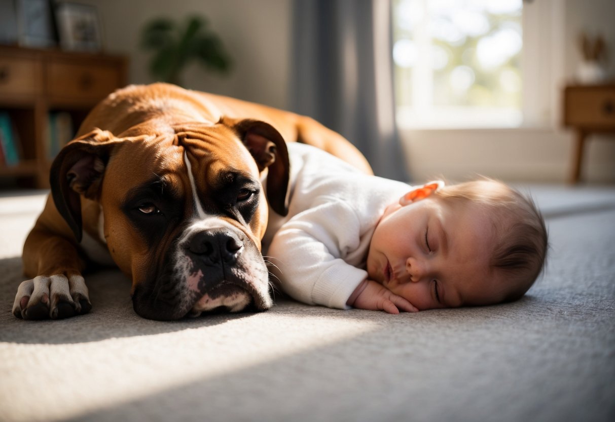 A boxer dog lying next to a sleeping baby, both peacefully resting in a sunlit room