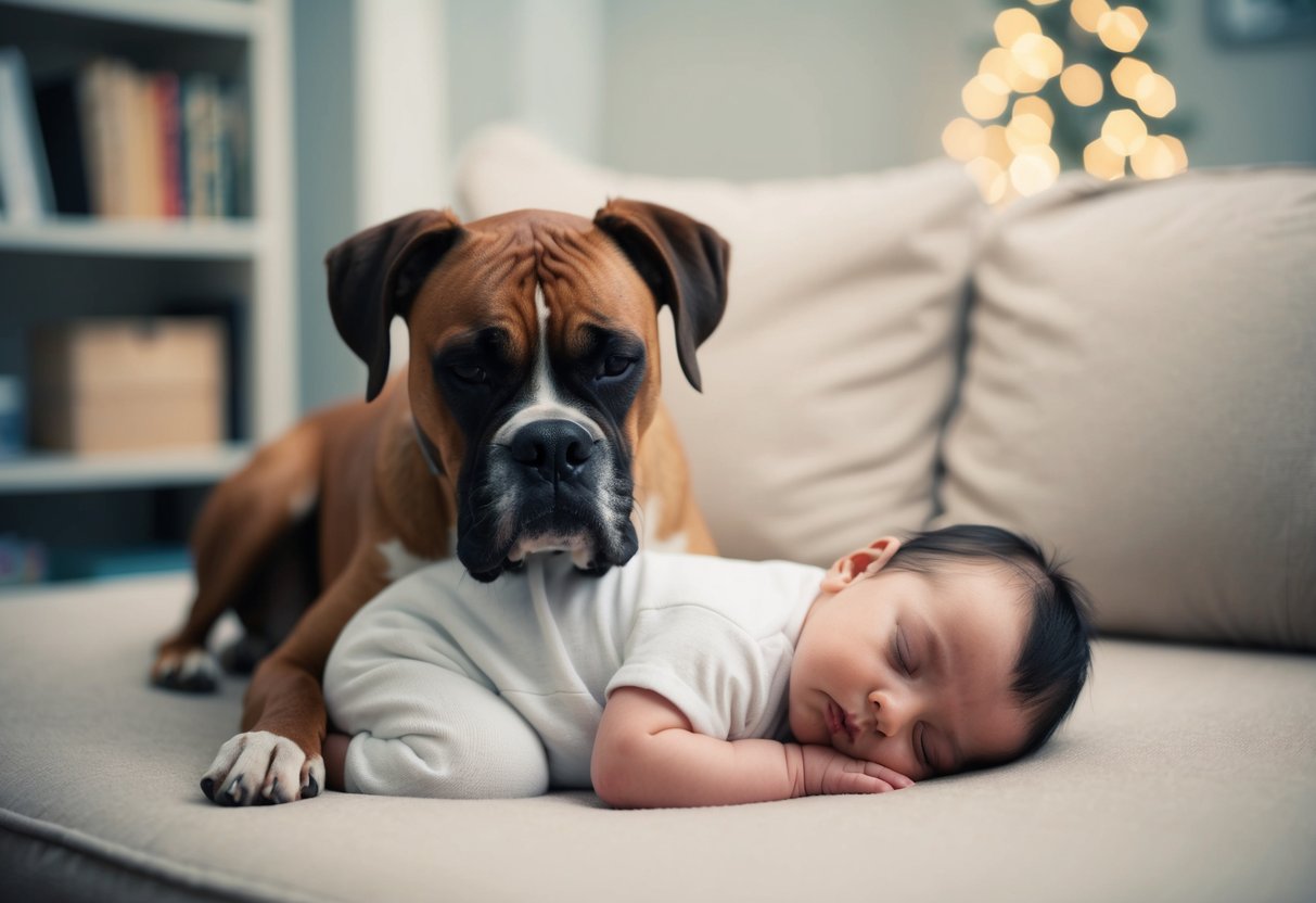 A calm boxer dog sits beside a peacefully sleeping baby, showing its protective and gentle nature