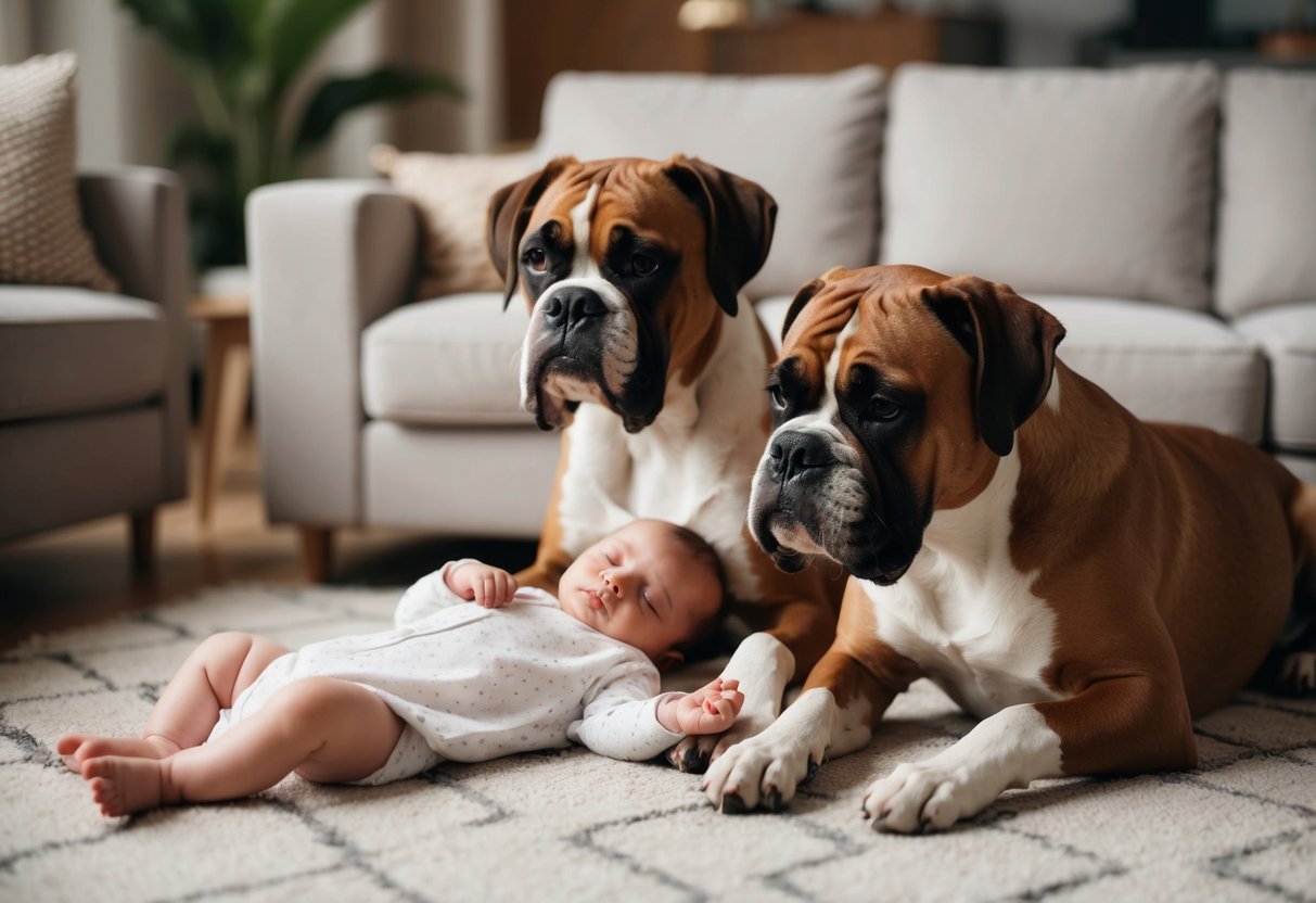Two boxer dogs calmly sitting near a sleeping baby in a cozy living room