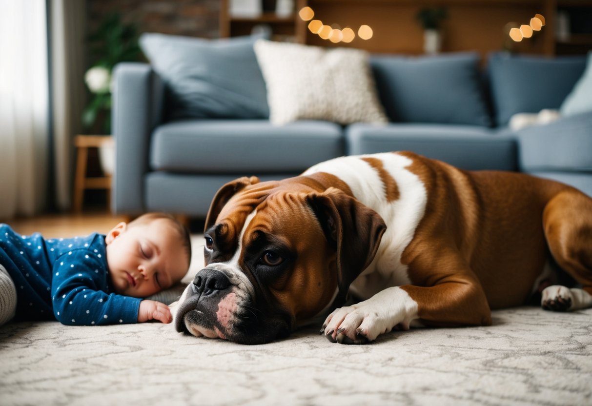 A boxer dog lying calmly near a sleeping baby in a cozy living room
