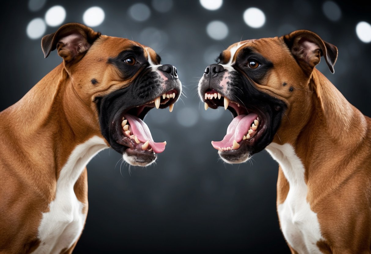 Two boxers barking aggressively, teeth bared, facing off in a tense standoff
