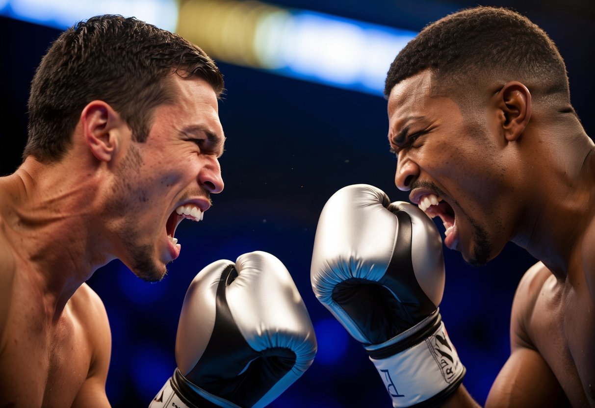 Two boxers facing off, teeth bared, growling. Tension in their bodies, ready to attack