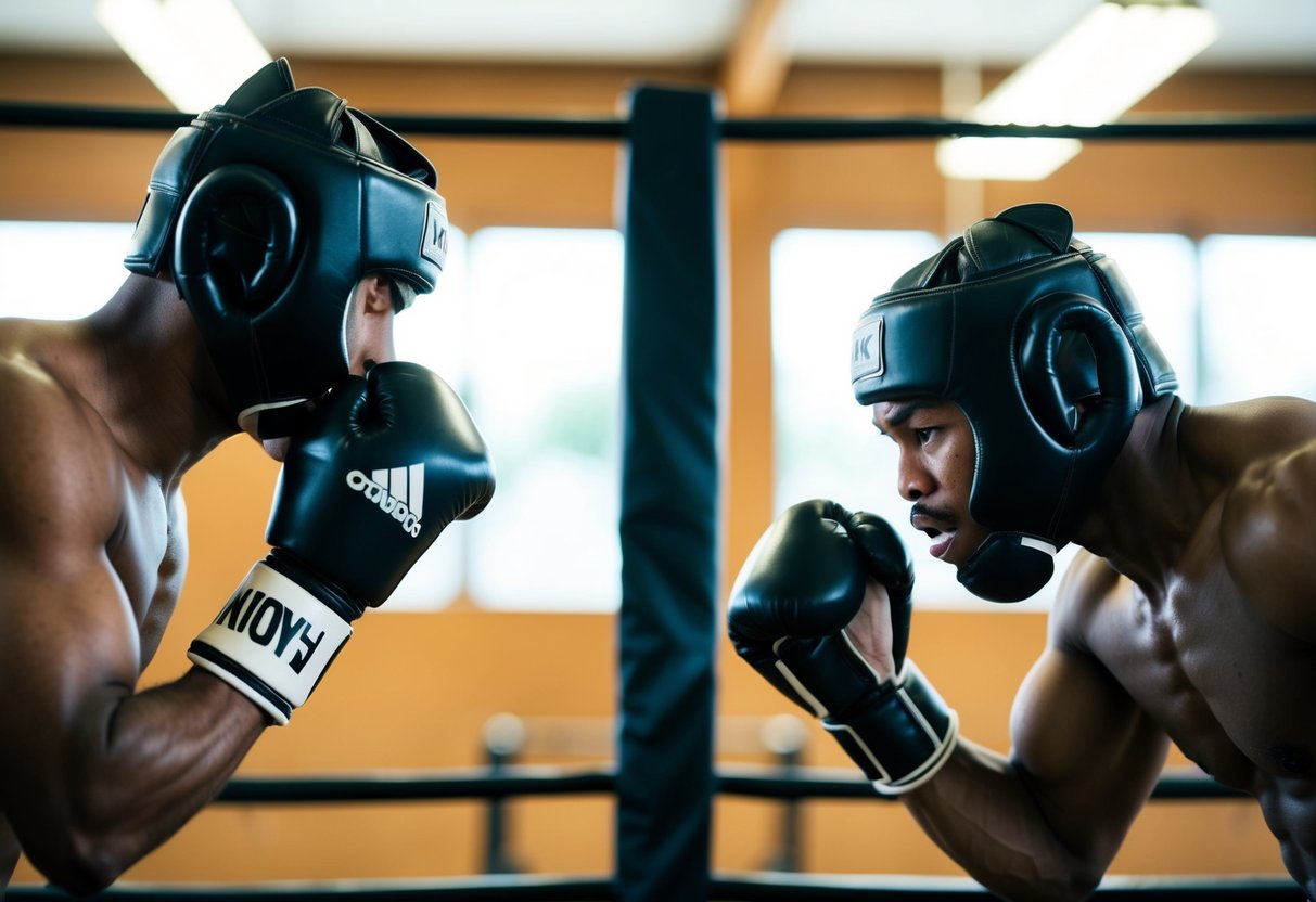 Two boxers displaying aggressive behavior towards each other in a training facility