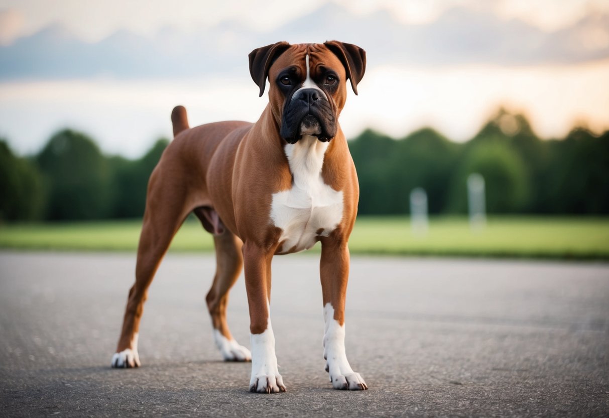 A boxer dog standing confidently, with a strong, muscular build and alert expression, showcasing its characteristic square head and powerful stance