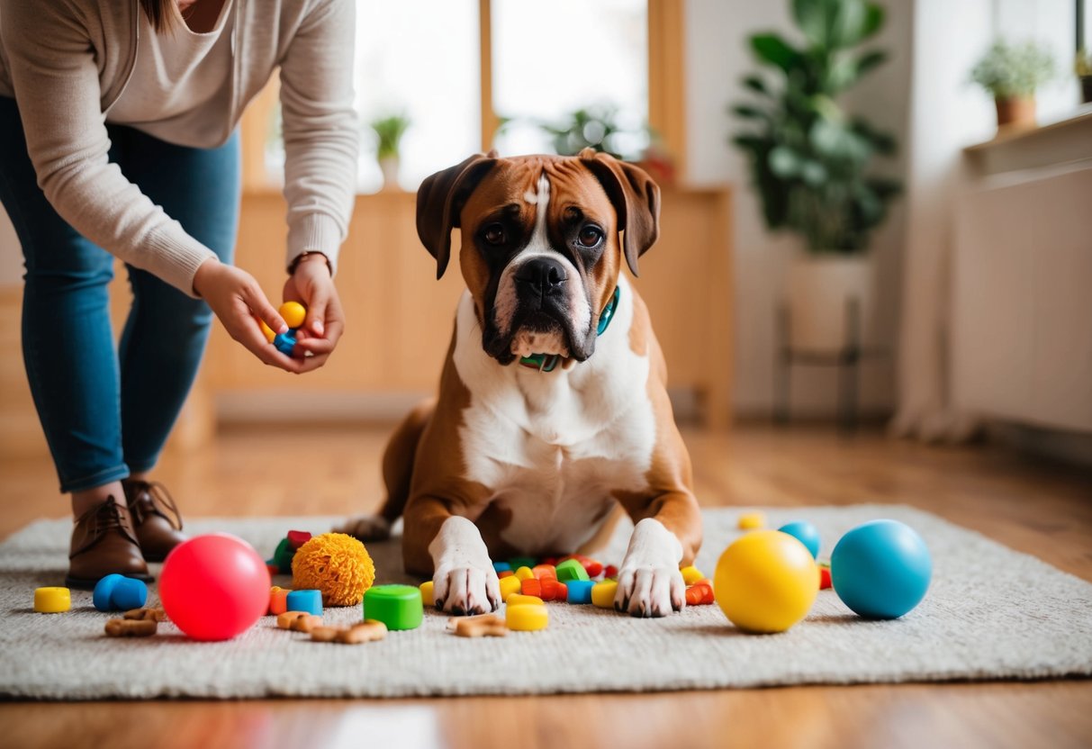 A boxer dog being trained with positive reinforcement, surrounded by toys and treats