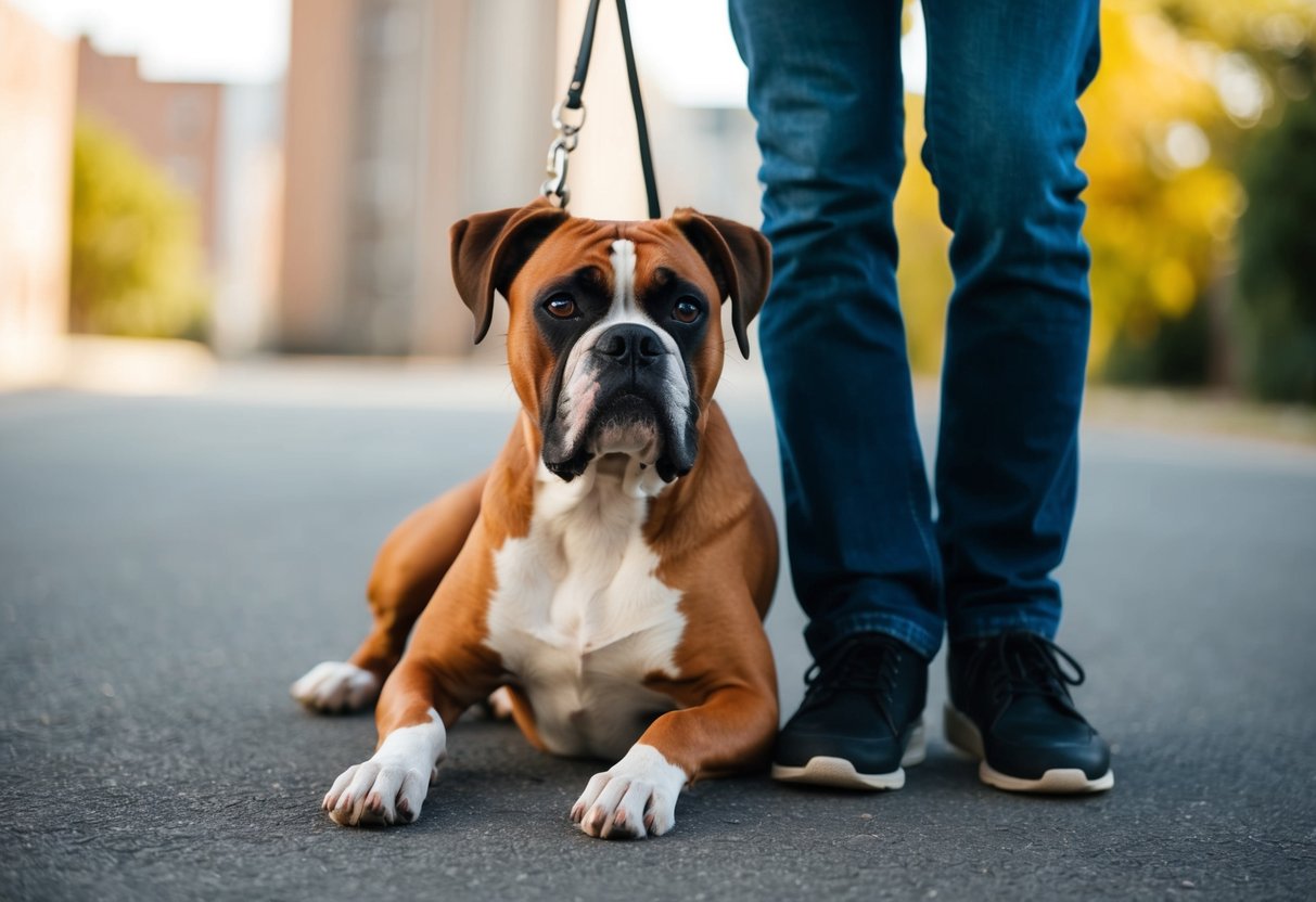 A boxer dog leans against a person's leg, looking up with a content expression
