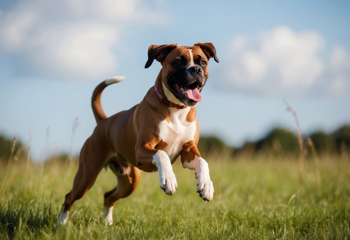 A boxer dog happily jumps in a grassy field, tail wagging and tongue out, showing its energetic and playful temperament