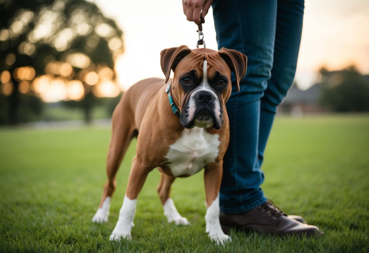 A boxer dog leaning against a person's leg with a curious expression on its face