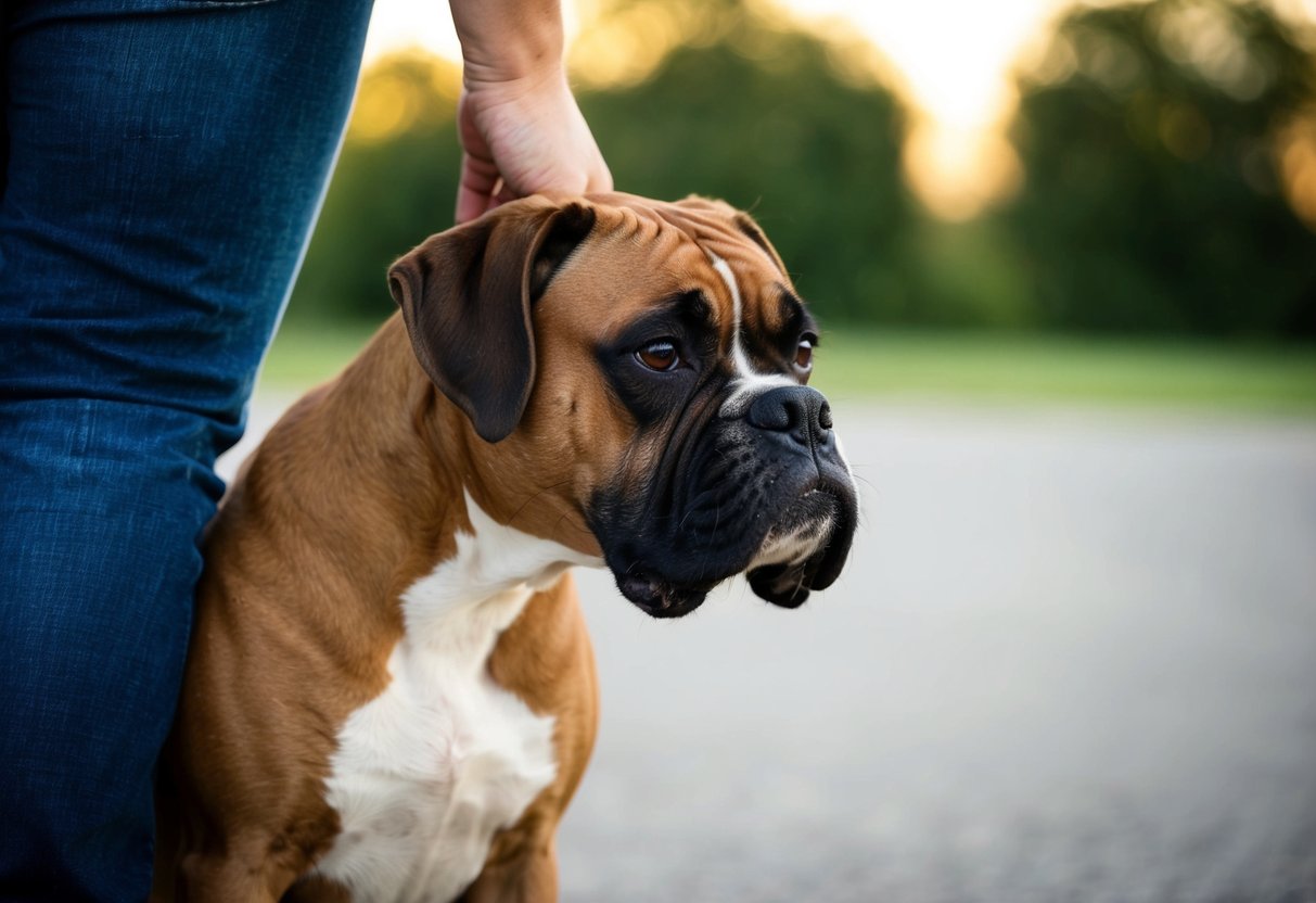 A boxer dog leaning against a person's leg, seeking attention and affection