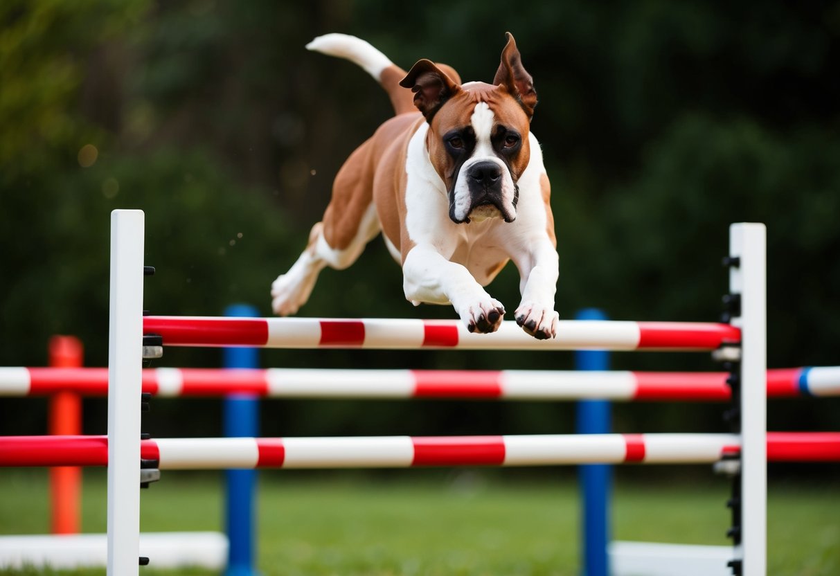 A boxer dog leaping over an agility hurdle with focused determination