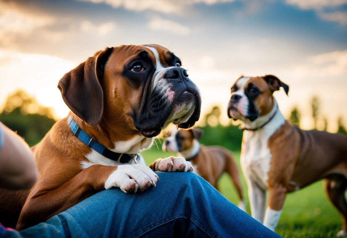A boxer dog leans against a person's leg, looking up with a relaxed expression. Other dogs play and interact nearby, showing signs of social bonding
