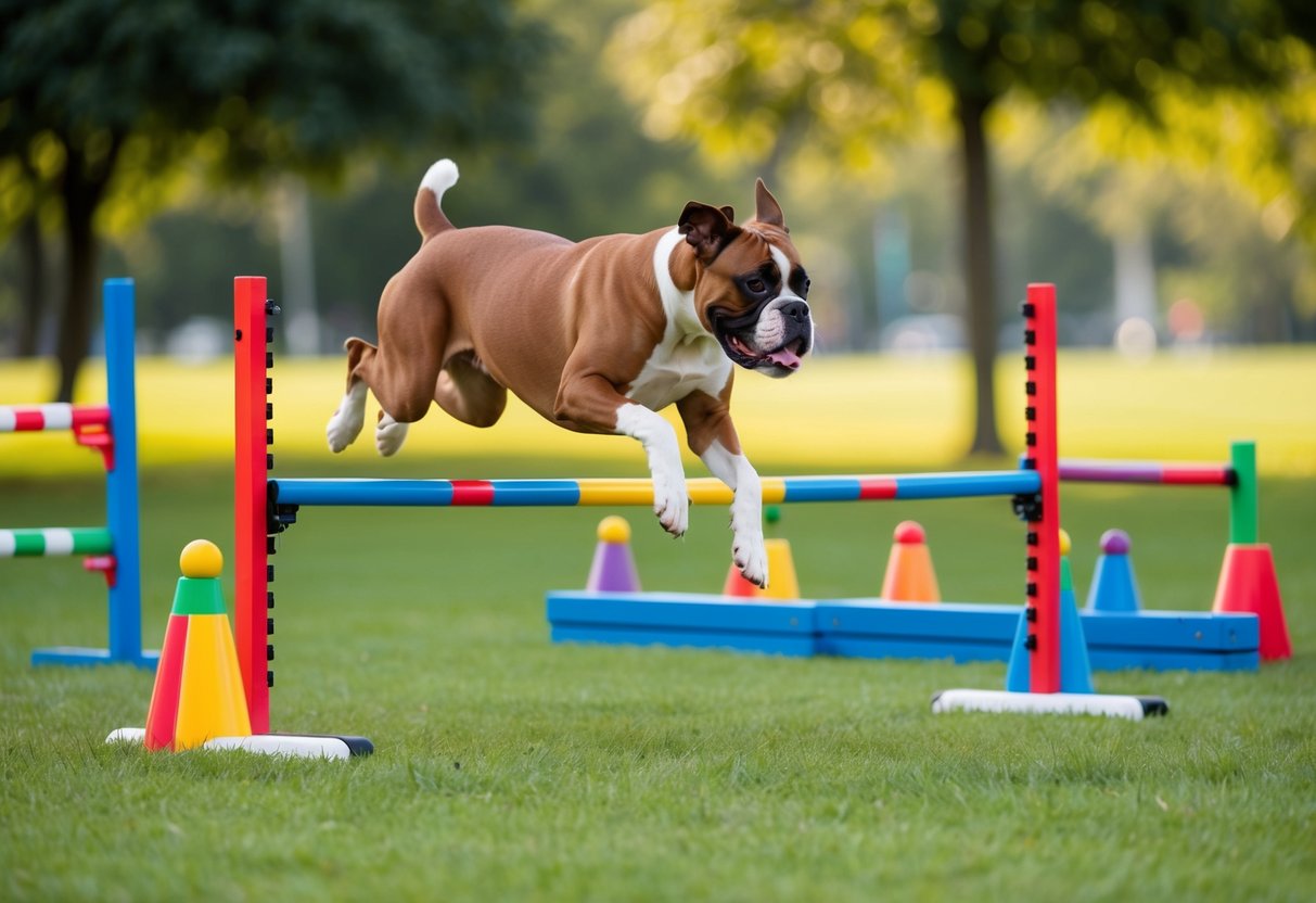 A boxer dog leaping over agility hurdles in a park setting, surrounded by colorful toys and equipment for mental and physical stimulation