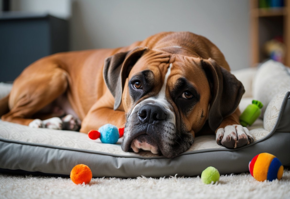 A senior boxer dog lying down, with greying fur and a tired expression, surrounded by toys and a comfortable bed