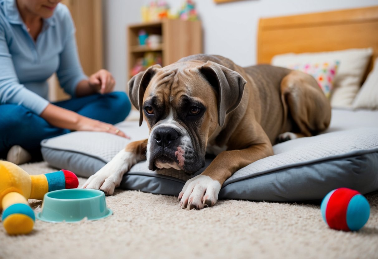 An aging boxer dog with gray fur lies on a cozy bed, surrounded by comforting toys and a water bowl. A concerned owner looks on with love and care